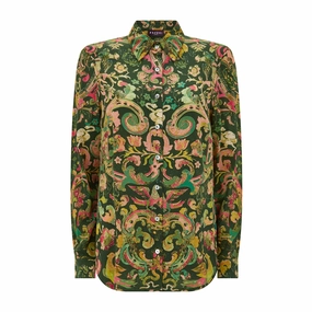 Active Wear Elasticated Hem Concordia Marble Dark Green Silk Crepe De Chine Shirt