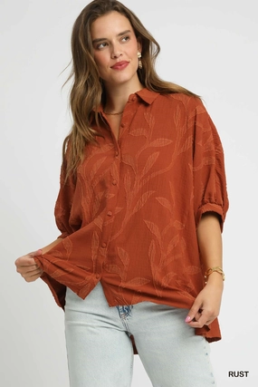 Knit Fabric Technology Rust Jacquard Textured Leaf Button-Down Blouse