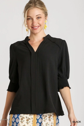 YarnDyeStripe Temperature Control Fabric Black Smocked Cuff Blouse