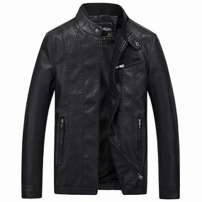 Durable Corrosion Resistant Zippers High Collar West Louis? Biker Style Slim Fit PU Leather Jacket