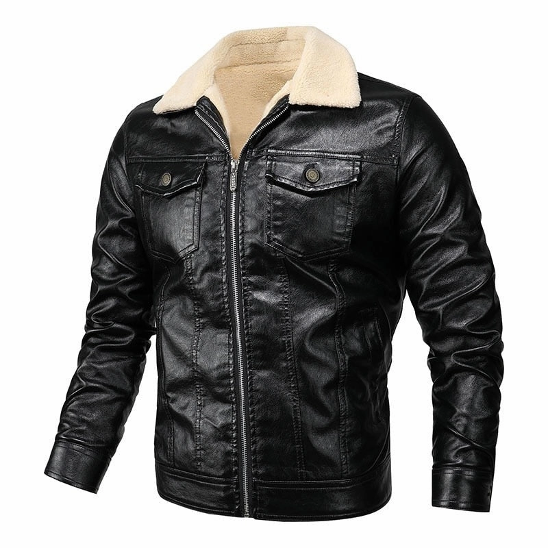Sleek Outdoor Look simple design West Louis? Fleece Collar Warm Biker Leather Jacket