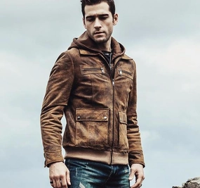 West Louis? Retro Autumn Winter Genuine Leather Jacket Adjustable hood design