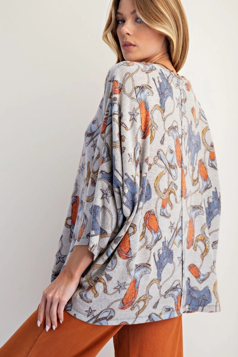 Western Print Dolman Sleeve Cozy Top/Grey Classic Polo