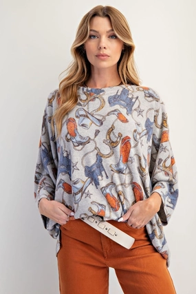Western Print Dolman Sleeve Cozy Top/Grey TearResistantWeave FlexibleWaistband
