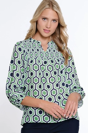 White, Green & Navy Geometric Ruffle Neck Top by Multiples MoistureWicking Technology AntiPill Surface