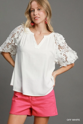 White Linen Blend Blouse with 3D Floral Lace Sleeves NonIrritatingSeams HighStretchElastic