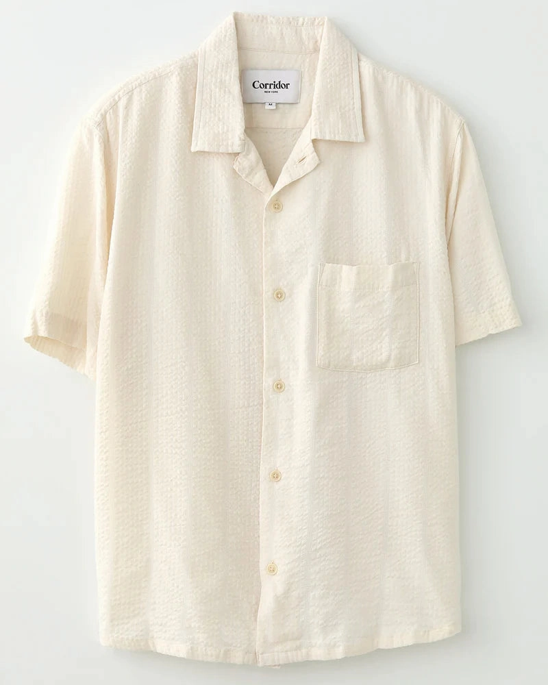 White Striped Seersucker Short Sleeve Button Up Moisture Control Lining