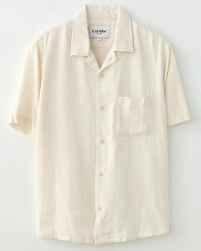 White Striped Seersucker Short Sleeve Button Up Moisture Control Lining