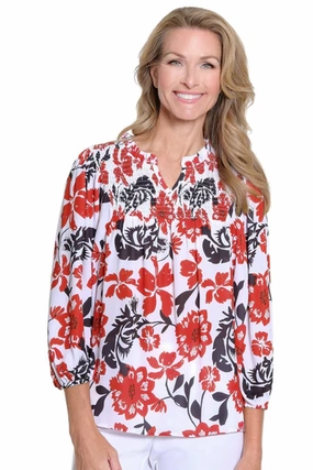 White w/ Red & Black Floral  Top by Multiples Noise Reducing Fabric Treatment BreathableMeshPanels