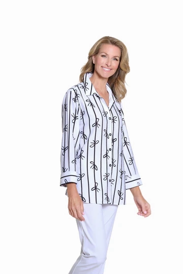 White Woven Women's Shirt w/ Black Bow Print Microfiber texture ZeroWasteProduction