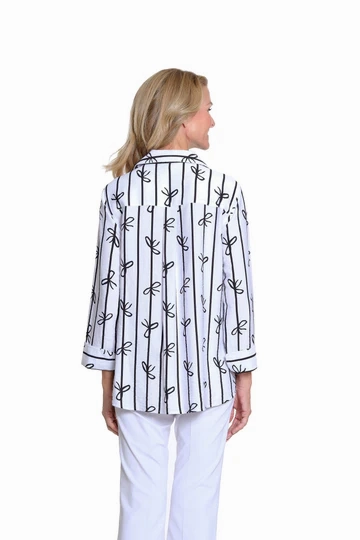 White Woven Women's Shirt w/ Black Bow Print Anti Static Fabric