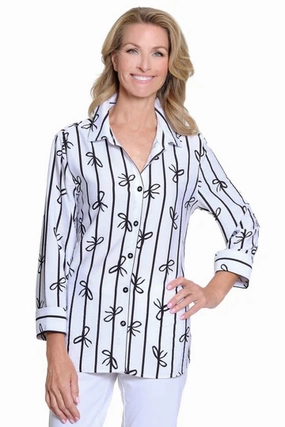 White Woven Women's Shirt w/ Black Bow Print Water Repellent Coating Breathable3DKnit