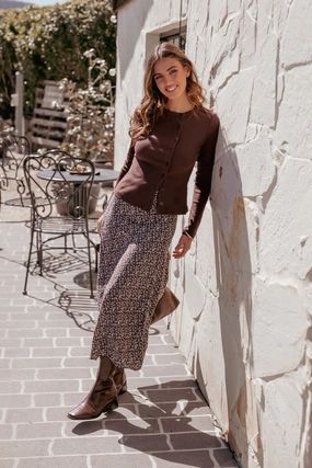 Willow Midi Skirt - Brown Blue Floral Sustainable Fabric Performance Fashion