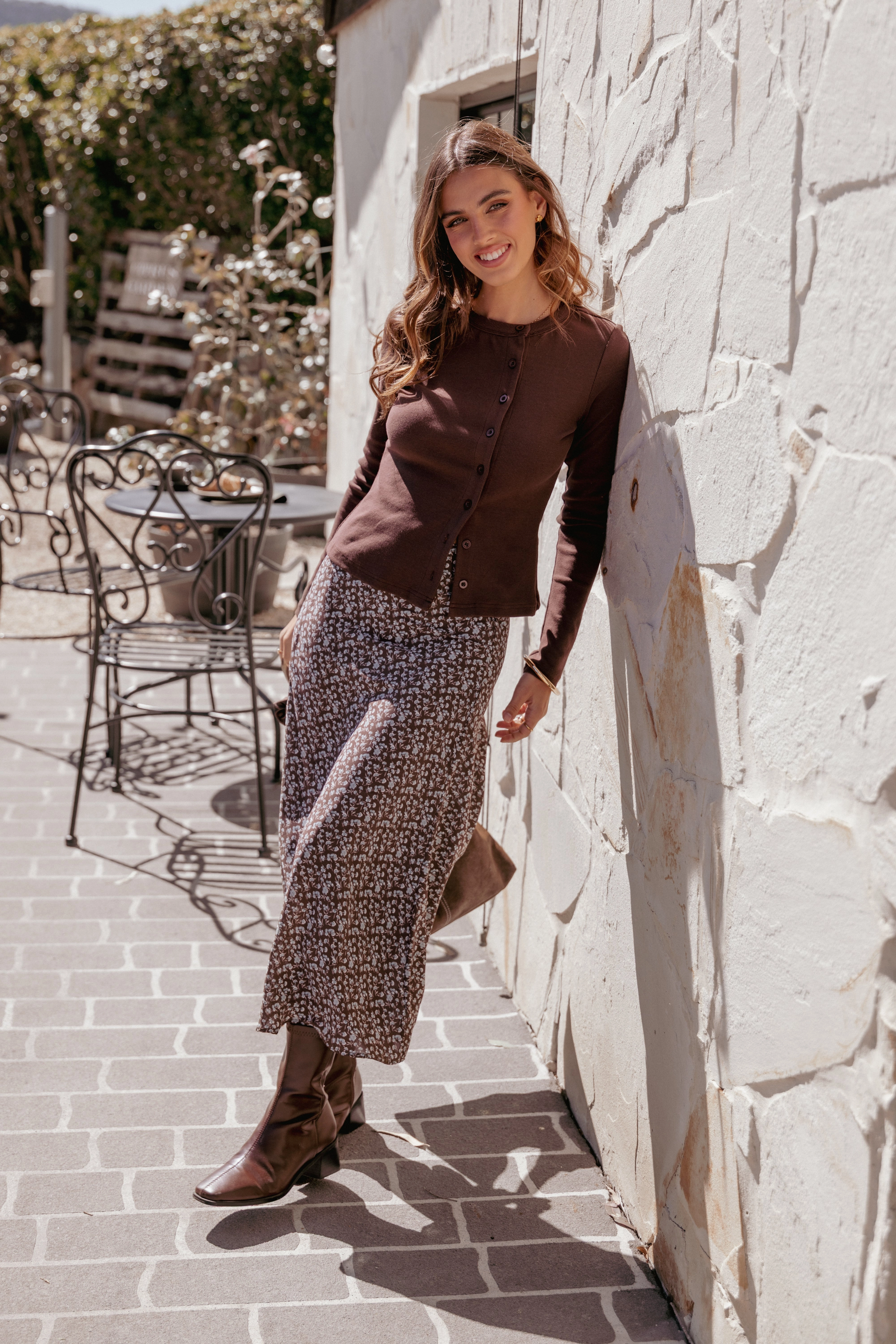 Willow Midi Skirt - Brown Blue Floral Sustainable Fabric Performance Fashion