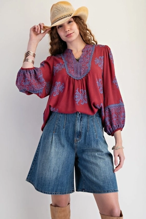 Relaxed Blouse Quick Dry Technology Wine Boho Breeze Crochet Trim Blouse