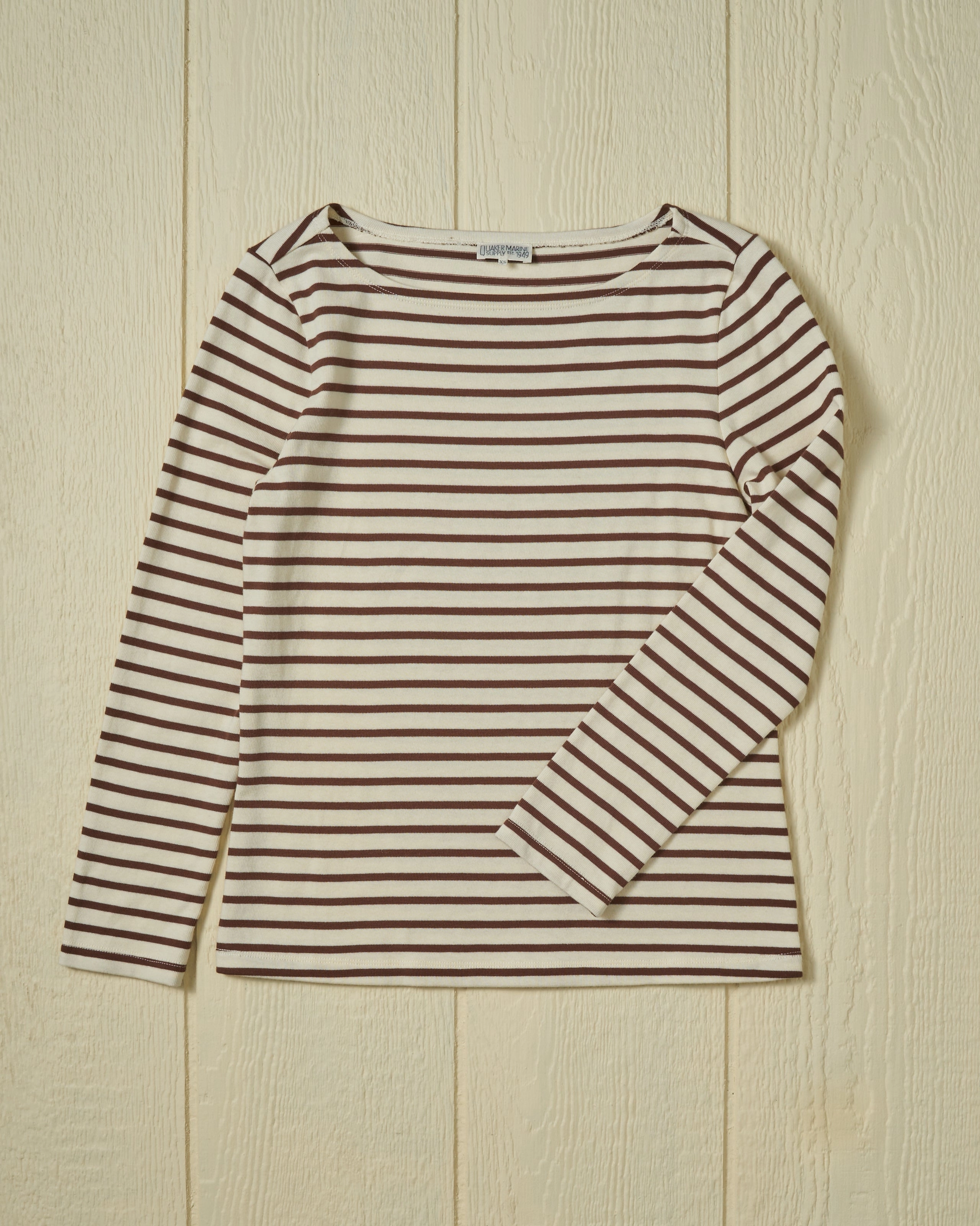 Women??s Breton Stripe Boatneck Tee in Off White/Coffee DoubleStitchedHem