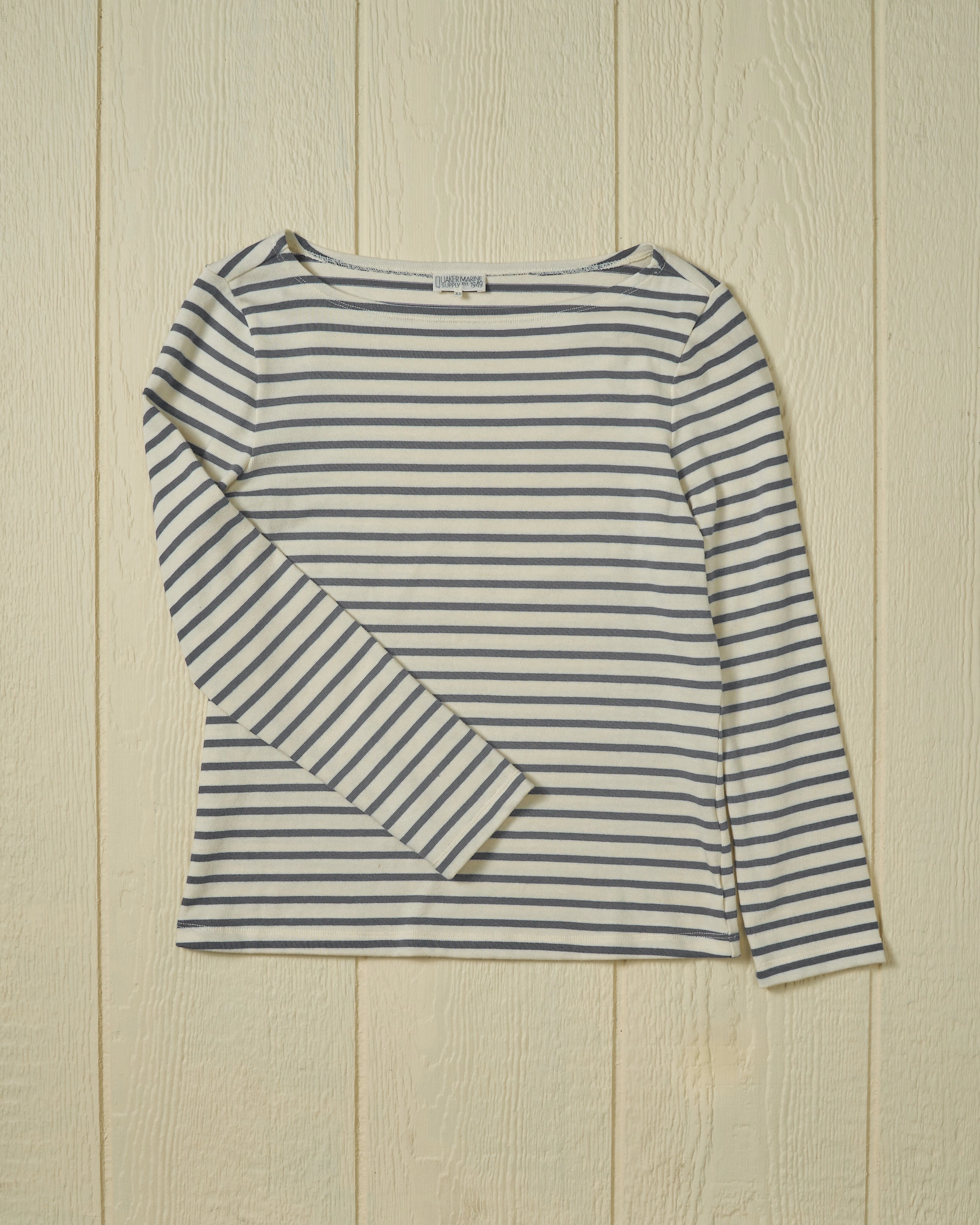 Women??s Breton Stripe Boatneck Tee in Off White/Heather Grey Anti Pilling Fabric