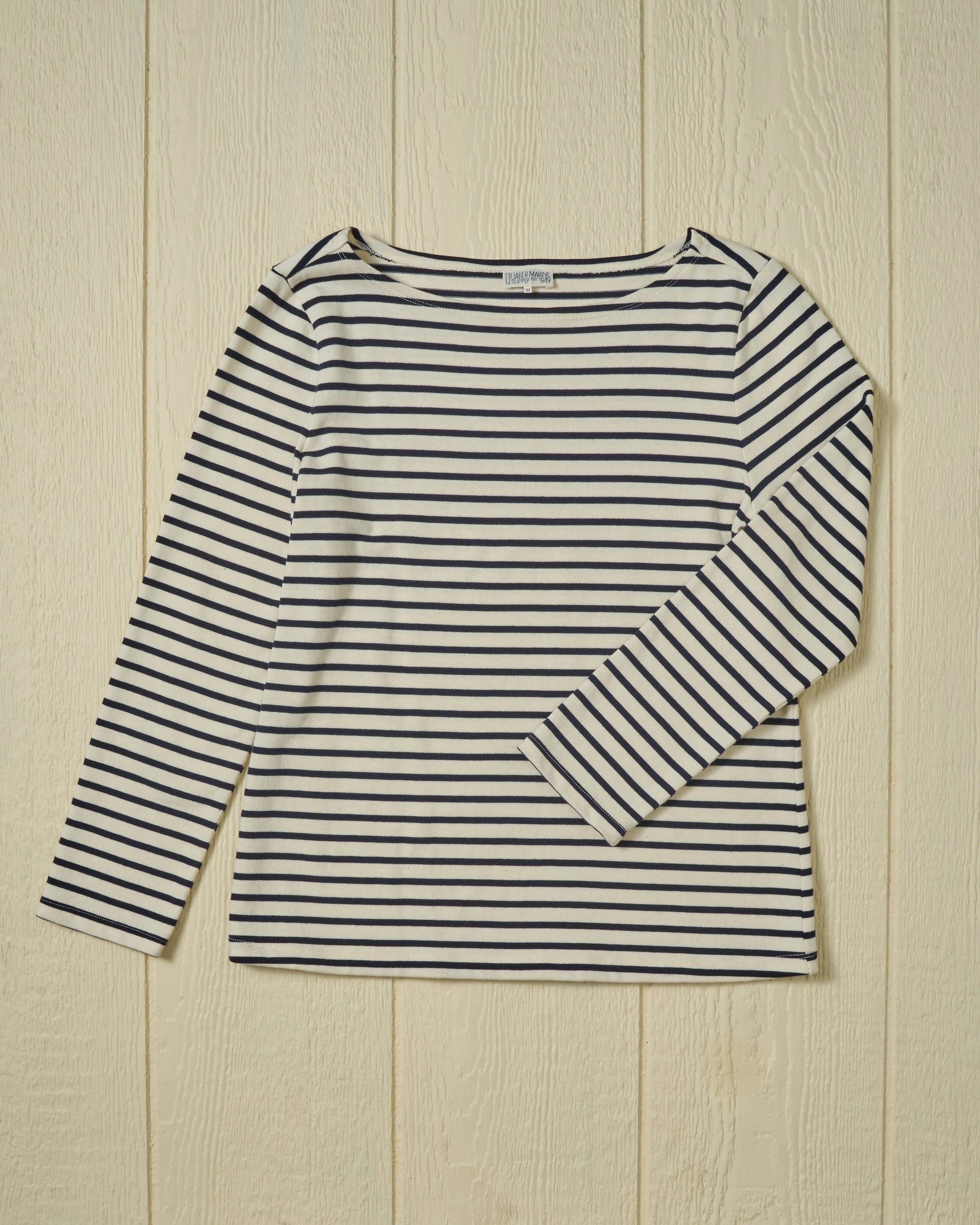Women??s Breton Stripe Boatneck Tee in Off White/Navy ContrastPlacket