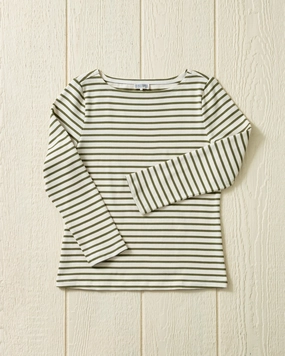 CrewNeck Women??s Breton Stripe Boatneck Tee in Off White/Olive