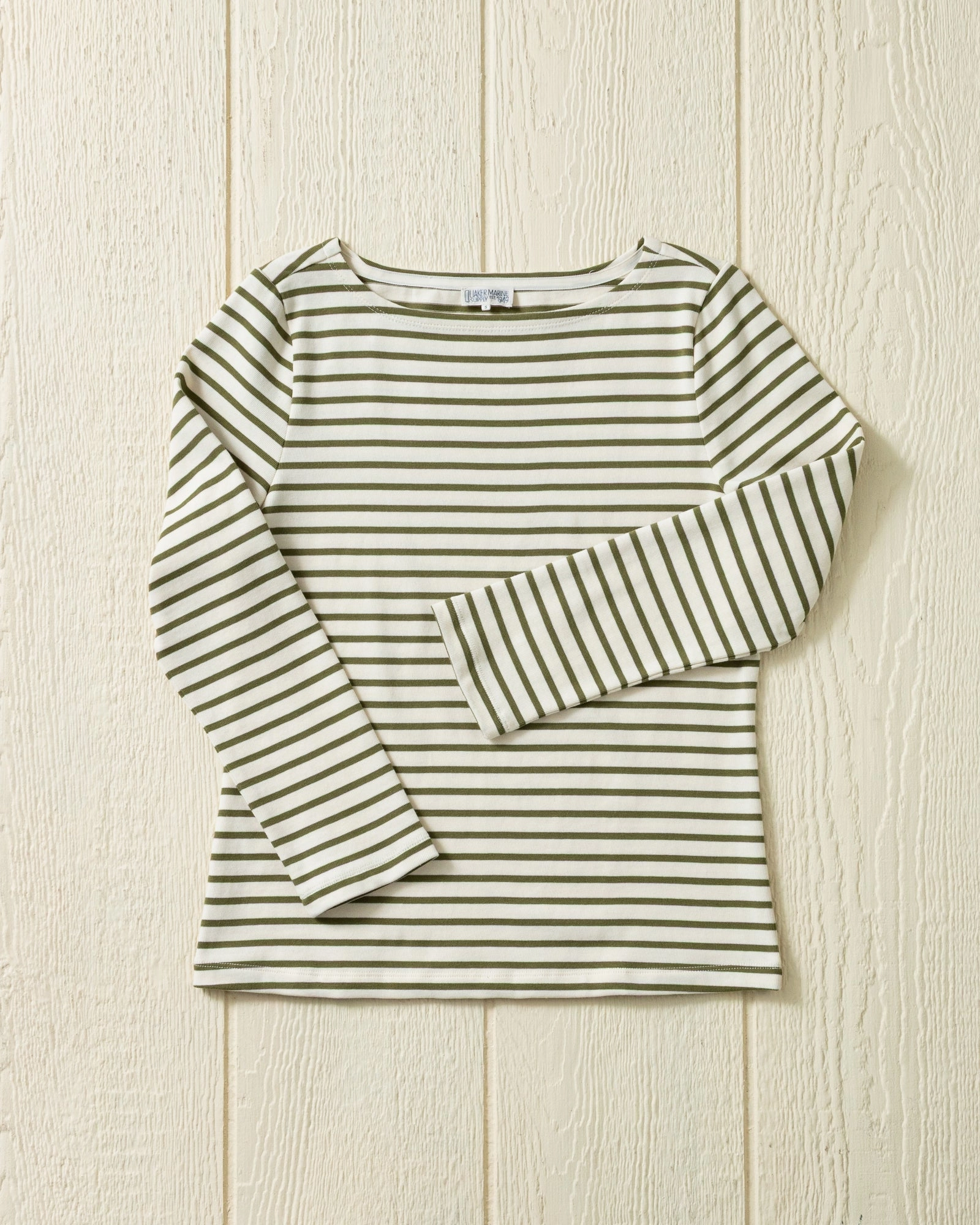 CrewNeck Women??s Breton Stripe Boatneck Tee in Off White/Olive