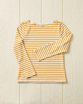 Women??s Breton Stripe Boatneck Tee in Off White/Sun Layered Hem Reinforcement