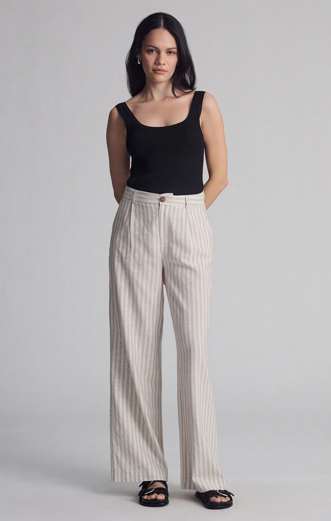 WOVEN BUTTON PANTS IN BLACK STRIPE Chill Comfort Fit