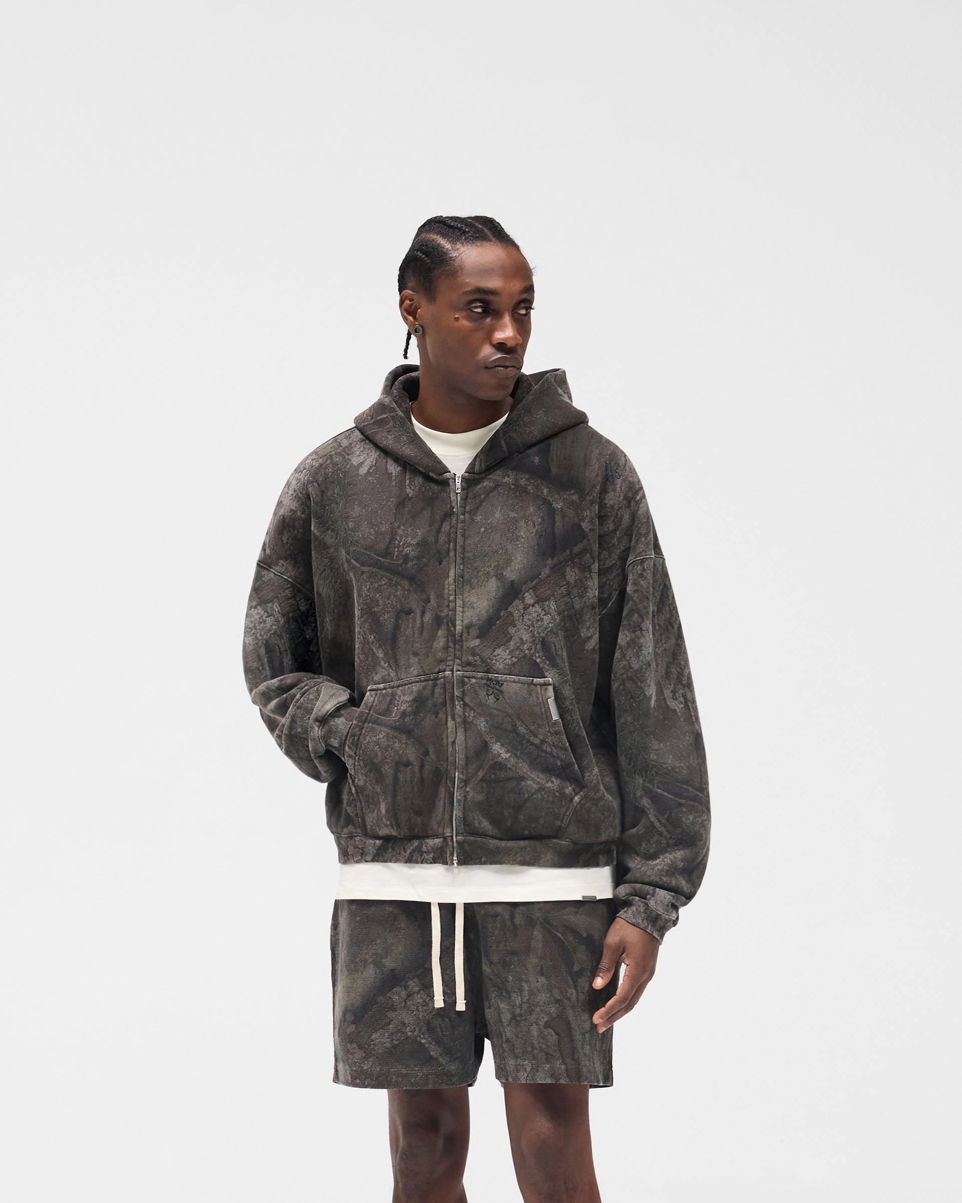 Initial Overdye Realtree? Boxy Zip Through Hoodie - Overdyed Black Garment Dyed Finish Artistic expression