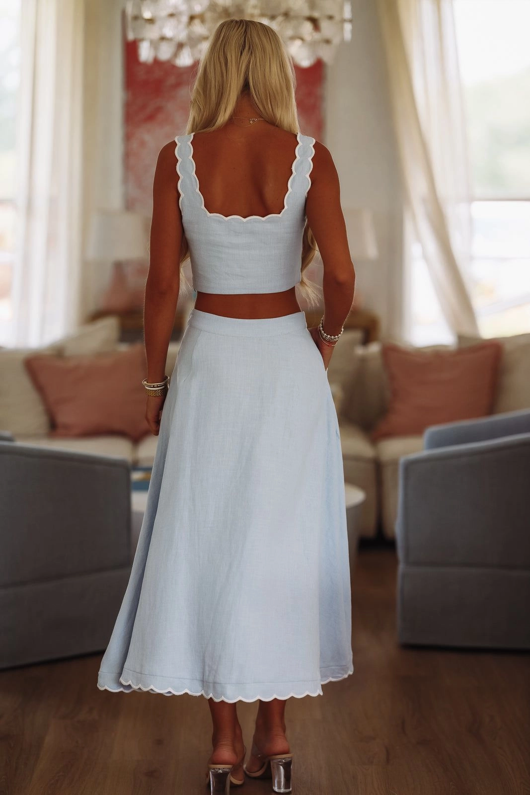 V Neck Design Pacific Jewel Crop Top and Midi Skirt Set - Blue